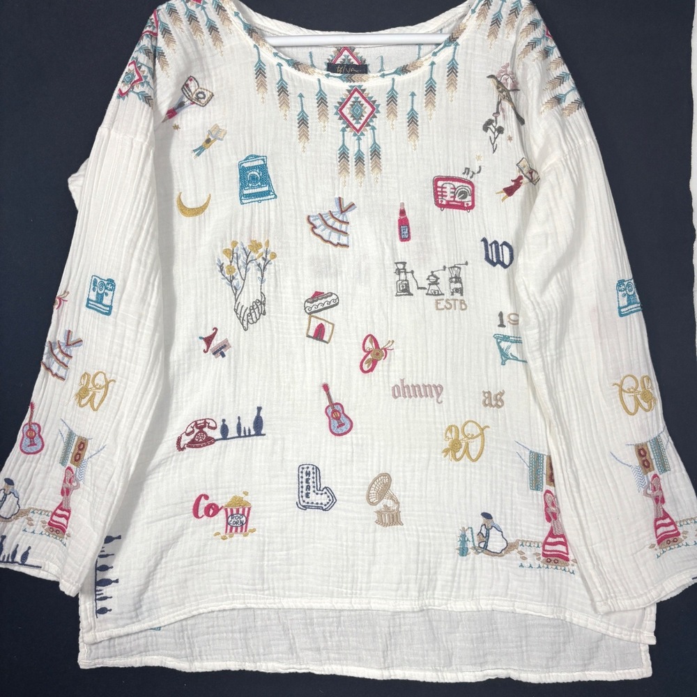 Johnny Was Size L Blouse White Embroidered Cotton Gauze Top Biya MSRP $248